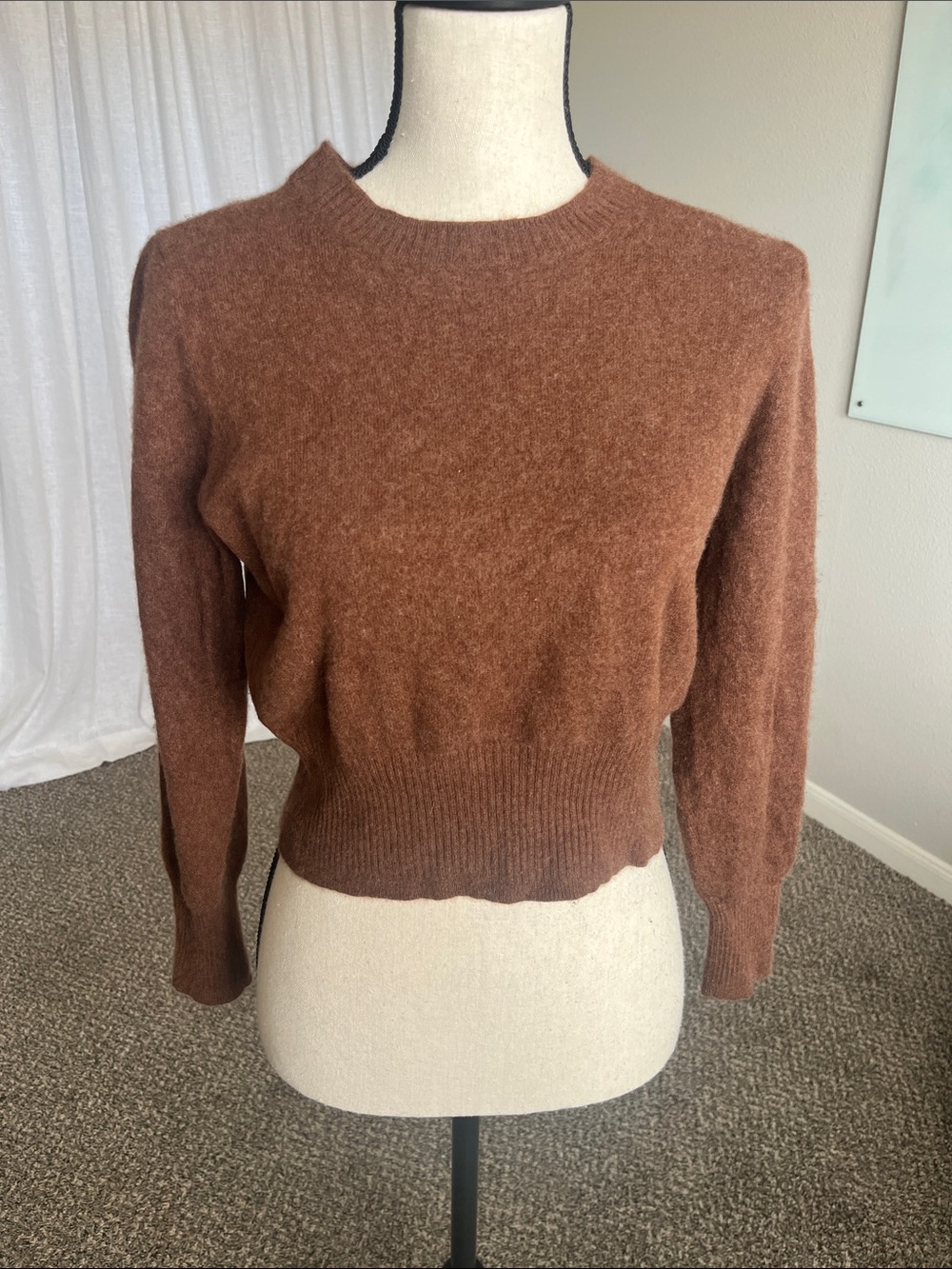 J Crew 100% Cashmere Shrunken Cropped Fit Brown Crewneck Sweater Pullover Size L